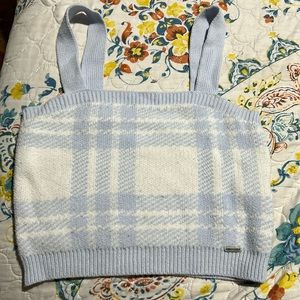 Hollister Knit Sweater Tank Cream Light Blue Plaid Cropped Size Medium